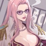  1girl breasts cigarette cleavage coat commentary_request epaulettes hina_(one_piece) jacket jewelry long_hair looking_at_viewer necklace numbered one_piece pearl_necklace pink_hair purple-tinted_eyewear purple_jacket red_lips simple_background smoke solo sunglasses tinted_eyewear upper_body v-shaped_eyebrows white_coat yoshicha 