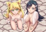  2girls angry areola_slip arm_at_side arm_under_breasts black_hair blonde_hair blue_eyes blush breasts breasts_apart burn_the_witch censored closed_mouth collarbone colored_eyelashes commentary curvy eyelashes female_pubic_hair from_above frown full_body green_eyes hair_over_shoulder hands_on_own_thighs highres large_breasts long_hair looking_at_viewer looking_up multiple_girls naked_towel niihashi_noel ninny_spangcole novelty_censor paid_reward_available pubic_hair sakuya_(liao_kj) seiza shiny_skin side-by-side sitting small_breasts soap spiked_hair straight_hair swept_bangs thighs towel towel_around_neck tsurime twintails two_side_up upturned_eyes v-shaped_eyebrows very_long_hair 