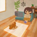  &gt;_&lt; 1girl blue_socks book bookshelf brown_hair brown_shirt cactus closed_mouth couch dog holding holding_book original pillow plant potted_plant radio reading rug shirt short_hair smile socks solo sunakuraiori window wooden_floor 