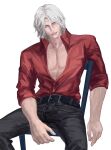  1boy bara blue_eyes chest_hair dante_(devil_may_cry) devil_may_cry_(series) devil_may_cry_5 facial_hair highres lips long_hair looking_at_viewer male_focus mature_male muscular muscular_male nose pectorals realistic sitting smile solo v_milkshake white_hair 