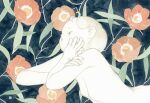 1girl blonde_hair breasts colored_skin floral_background flower kishi_takuya leaf lying nipples nude on_stomach original petite poppy_(flower) red_flower short_hair skinny small_breasts solo upper_body white_skin 