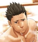  bara bath brown_eyes brown_hair cum cum_in_mouth facial itto_(mentaiko) looking_at_viewer male_focus muscle sangokushi_puzzle_taisen sauna solo_focus sun_quan sweat towel water yaoi 