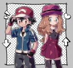  1boy 1girl arms_behind_back arrow_(symbol) ash_ketchum black_bow black_gloves black_hair black_shirt black_thighhighs blonde_hair blue_eyes blue_jacket bow brown_eyes commentary_request fingerless_gloves gloves grey_pants hair_between_eyes hat hat_bow heart highres jacket long_hair looking_at_viewer mgomurainu pants pleated_skirt pokemon pokemon_(anime) pokemon_xy_(anime) red_hat red_skirt serena_(pokemon) shirt short_hair short_sleeves skirt smile thighhighs 