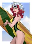  1girl absurdres artist_request dyed_bangs gloves headband highres marvel multicolored_hair one-piece_swimsuit rogue_(x-men) smile solo surfboard swimsuit two-tone_bodysuit two-tone_hair x-men x-men:_the_animated_series yellow_gloves 