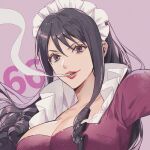  1girl baby_5 black_hair breasts cigarette collar commentary_request dress drill_hair frilled_collar frills hair_between_eyes light_smile long_hair numbered one_piece puffy_sleeves purple_background purple_dress sidelocks simple_background smoke smoking solo upper_body yoshicha 