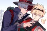  !? bakugou_katsuki blonde_hair blue_coat blue_eyes boku_no_hero_academia brown_eyes cactusnabe chest_strap closed_mouth coat goggles goggles_on_head grey_hat grey_shirt hat heterochromia highres light_frown long_sleeves motion_lines red_eyes red_hair red_vest shirt simple_background todoroki_shouto upper_body vest white_background white_hair 