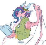  breasts claws clothed clothing dragon euraru female hair horn multicolored_hair pink_scales scales scalie signature simple_background text white_background wings writing_(disambiguation) 