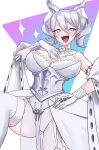  1girl bare_shoulders blush breasts dress duel_monster grey_eyes grey_hair highres large_breasts leotard lovely_labrynth_of_the_silver_castle open_mouth pointy_ears smile smug solo sparkle strapless strapless_dress teeth thighhighs tokiwajing upper_teeth_only white_dress white_leotard white_thighhighs yu-gi-oh! 