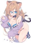  1girl animal_ears blade_(galaxist) blue-framed_eyewear blue_eyes braid breasts brown_hair cat_ears cat_girl cat_tail character_request cleavage commentary_request eyes_visible_through_hair glasses highres kneeling large_breasts long_hair long_sleeves looking_at_viewer purple_sweater simple_background solo sweater tail thighs twin_braids white_background 