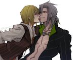  2boys blonde_hair blue_eyes blush dash10 eizen_(tales) licking male_focus multiple_boys muscle naughty_face smile sweat tales_of_(series) tales_of_berseria tongue tongue_out undressing yaoi 