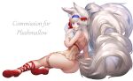  1girl animal_ears ankle_lace-up arm_support ass blue_eyes bow braco breasts commission commissioner_name covered_nipples dress fox_ears fox_girl fox_tail hair_bow hair_intakes hairband highres large_breasts long_hair microdress multiple_tails original plushmallow_(lyn) red_footwear red_nails see-through see-through_dress simple_background sitting solo tail thigh_strap white_background white_hair 