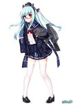  absurdres allenes alternate_costume anchor_symbol bag black_footwear blue_coat blue_hair blue_scarf blue_skirt buttons cannon closed_mouth coat copyright_name fubuki_(zhan_jian_shao_nyu) full_body glasses headgear highres legs_apart long_hair long_sleeves looking_at_viewer machinery official_art open_clothes open_coat pigeon-toed plaid plaid_scarf pleated_skirt pocket red-framed_eyewear red_eyes rigging scarf school_bag school_uniform serafuku shirt shoes skirt smile solo standing thighhighs torpedo turret twintails white_background white_legwear white_shirt zettai_ryouiki zhan_jian_shao_nyu 