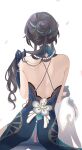  1girl back backless_dress backless_outfit bare_back black_hair blue_dress blue_gloves detached_collar dress falling_petals from_behind gloves hair_bun highres holding holding_clothes holding_own_hair honkai:_star_rail honkai_(series) jewelry long_hair median_furrow necklace pearl_necklace petals ruan_mei_(honkai:_star_rail) satou_kouri simple_background solo unworn_capelet upper_body white_background 