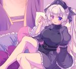  1girl armband black_dress black_hat breasts character_request curtains dress feet_out_of_frame hat heart_belt heterochromia impossible_clothes indie_virtual_youtuber indoors large_breasts long_hair long_sleeves mimikaki negau_(vtuber) open_mouth pillow puffy_long_sleeves puffy_sleeves sakuratsuki_(sakuradukiyoru) sitting solo twintails very_long_hair virtual_youtuber white_hair wide_sleeves 