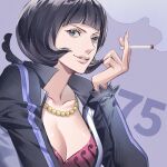  1girl black_eyes black_hair blunt_bangs bob_cut breasts cigarette cleavage commentary_request holding holding_cigarette jacket jewelry light_smile long_sleeves necklace numbered one_piece pearl_necklace pink_shirt purple_background shakuyaku_(one_piece) shirt smoke smoking solo upper_body yoshicha 