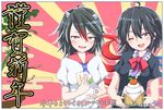  asymmetrical_wings black_dress black_hair dress fangs food fruit happy_new_year highres horns houjuu_nue kagami_mochi kijin_seija kisamu_(ksmz) macedonian_flag mandarin_orange multicolored_hair multiple_girls new_year one_eye_closed open_mouth red_eyes red_hair short_hair smile streaked_hair sunburst touhou white_hair wings 