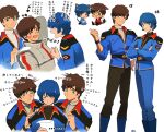  3boys amuro_ray animal_ears blue_eyes blue_hair cat_ears char&#039;s_counterattack chibi earth_federation earth_federation_space_forces ekomozzarella gundam gundam_zz judau_ashta kamille_bidan mobile_suit_gundam multiple_boys normal_suit one_eye_closed pilot_suit science_fiction short_hair simple_background smile spacesuit zeta_gundam 