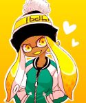  1girl beanie black_hat blonde_hair collarbone commentary_request dark-skinned_female dark_skin eyelashes fangs green_jacket hat heart inkling inkling_girl inkling_player_character jacket long_hair no_nose open_mouth pom_pom_(clothes) pom_pom_beanie solo splatoon_(series) tentacle_hair tora_kaede track_jacket yellow_background yellow_eyes 