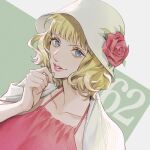  1girl blonde_hair blue_eyes blunt_bangs cardigan commentary dress flower green_background hat hat_flower numbered one_piece pink_dress pink_lips red_flower red_rose rose short_hair smile solo stussy_(one_piece) upper_body white_cardigan yoshicha 