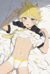  1boy aqua_eyes bed bed_sheet bishounen blonde_hair blue_eyes blush bulge clothes_lift commentary english_commentary from_above headphones highres kagamine_len looking_at_viewer looking_up luye_yuan lying male_focus navel necktie on_back on_bed open_mouth shirt_lift short_hair short_sleeves solo stomach underwear vocaloid yellow_necktie 