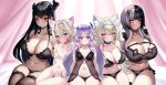  5girls absurdres animal_ear_fluff animal_ears black_bra black_collar black_hair black_panties blonde_hair blue_eyes blue_hair blush bra breasts collar commentary dog_ears dog_girl english_commentary fuwawa_abyssgard grey_hair group_picture highres hololive hololive_english horns koseki_bijou large_breasts long_hair mococo_abyssgard multicolored_hair multiple_girls navel nerissa_ravencroft panties pink_eyes pink_hair purple_eyes purple_hair shiori_novella short_hair sitting small_breasts two-tone_hair two_side_up underwear white_bra white_panties xynian_arts 