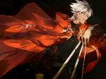  1boy amakusa_shirou_(fate) bad_id bad_pixiv_id black_background black_keys_(type-moon) cape cross dark-skinned_male dark_skin earrings fate/apocrypha fate_(series) highres holding jewelry looking_to_the_side male_focus necklace red_cape short_hair simple_background smile socha_(sotyahamu) white_hair yellow_eyes 