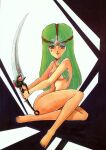  1980s_(style) 1girl aran_rei breasts full_body green_hair highres lemon_people long_hair looking_at_viewer medium_breasts non-web_source nude pasties red_eyes retro_artstyle sitting smile solo star_pasties sword tongue tongue_out traditional_media weapon 