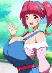  alternate_breast_size blue_overalls blunt_bangs breasts cleavage from_side hair_ornament hairband hand_up hoshina_hikaru huge_breasts jabara_tornado looking_at_viewer off-shoulder_shirt off_shoulder open_mouth outdoors overalls pink_eyes pink_hair precure shirt star_(symbol) star_hair_ornament star_twinkle_precure twintails upper_body waving 