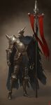 brown_background cape commentary copyright_request highres instant_ip polearm signature solo torn_cape weapon 