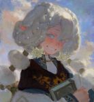  1girl blue_eyes blush book cloud creamyghost flower_ornament grin highres holding holding_book looking_to_the_side original pearl_hair_ornament pointy_ears portrait smile solo white_hair 