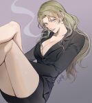  1girl black_jacket black_skirt blonde_hair blue_eyes breasts cigarette cleavage commentary_request crossed_legs earrings jacket jewelry light_smile long_hair meitantei_conan miniskirt numbered purple_lips simple_background skirt smoke smoking solo vermouth_(meitantei_conan) yoshicha 