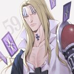  1boy basil_hawkins blonde_hair card closed_mouth commentary_request facial_tattoo floating_card frilled_shirt frills long_hair looking_to_the_side male_focus mechanical_arms neck_tattoo numbered one_piece shirt simple_background single_mechanical_arm solo tattoo upper_body white_background yoshicha 