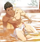  adonis_belt arm_support brown_eyes brown_hair erection groin itto_(mentaiko) male_focus male_pubic_hair navel nipples nude onsen open_mouth penis penis_peek pubic_hair sengoku_basara solo steam testicles tokugawa_ieyasu_(sengoku_basara) towel water wooden_floor 