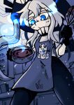  1girl abyssal_ship apron blue_eyes breasts chocolate cooking ghost giant giantess glowing glowing_eyes heart heart-shaped_pupils highres indoors kantai_collection long_hair looking_down setz short_sleeves symbol-shaped_pupils tentacles valentine whisk wo-class_aircraft_carrier 