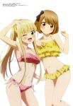  2girls :d absurdres arm_up bare_arms bikini black_bow blonde_hair blush bow breasts brown_eyes brown_hair closed_mouth green_eyes hair_bow hair_ornament hair_scrunchie highres izumi_noel long_hair looking_at_viewer magazine_scan megami_magazine multiple_girls navel official_art one_eye_closed one_room open_mouth pink_background polka_dot polka_dot_bikini ponytail scan scrunchie short_hair simple_background small_breasts smile standing swimsuit tsutsumi_tsumugi white_background yellow_bikini 