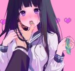  1girl artist_logo black_hair blush breasts candy candy_wrapper chitanda_eru finger_to_another&#039;s_mouth food hands_up heart highres holding hyouka kamiyama_high_school_uniform_(hyouka) long_hair long_sleeves looking_at_viewer mery_(yangmalgage) open_mouth purple_eyes sailor_collar saliva school_uniform shirt solo_focus tongue tongue_out watch wristwatch 