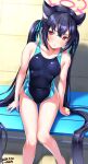  1girl alternate_costume animal_ear_fluff animal_ears bare_arms bare_legs bare_shoulders black_hair blue_archive blush breasts cat_ears commentary_request competition_swimsuit covered_navel extra_ears feet_out_of_frame halo highleg highleg_swimsuit highres long_hair looking_at_viewer one-piece_swimsuit red_eyes serika_(blue_archive) sitting small_breasts solo swimsuit tsuchimiya twintails very_long_hair 