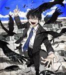  1boy bird black_footwear black_hair black_pants black_suit blue_necktie blue_sky closed_eyes collared_shirt commentary crow day dress_shirt facing_viewer falling_feathers feathers flock forced_smile furrowed_brow glasses gomibaketsu3 hand_up highres jacket long_sleeves looking_at_viewer male_focus necktie on_rooftop open_clothes open_jacket open_mouth original outdoors outstretched_hand pants pointing pointing_up puddle shadow shirt short_hair signature sky smile solo song_name standing suit suit_jacket teeth 