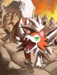  absurdres animal_focus cloud commentary_request day dog full_body green_eyes highres incoming_attack jira_(ziraiya26) jumping looking_at_viewer lycanroc lycanroc_(dusk) no_humans open_mouth outdoors pokemon pokemon_(creature) sharp_teeth sky slit_pupils solo teeth tongue 