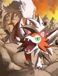  absurdres animal_focus cloud commentary day dog full_body green_eyes highres incoming_attack jira_(ziraiya26) jumping looking_at_viewer lycanroc lycanroc_(dusk) no_humans open_mouth outdoors pokemon pokemon_(creature) sharp_teeth sky slit_pupils solo teeth tongue 