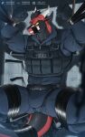  5:8 5_fingers anthro bdsm biped bondage bound bulge canyne_khai clothed clothing countershade_tail countershading dragon fingers hi_res horn male mythological_creature mythological_scalie mythology police police_officer police_uniform red_body scalie solo tail uniform 