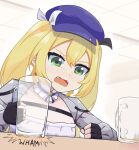  1girl blonde_hair blue_hat cup dokibird_(vtuber) drinking_glass fang fingerless_gloves gloves green_eyes grey_jacket hat highres indie_virtual_youtuber indoors jacket jahy-sama_wa_kujikenai! long_hair morfall open_mouth parody scene_reference solo table tearing_up twintails upper_body 