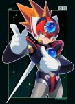  1boy android armor axl_(mega_man) black_armor black_helmet brown_hair character_name chest_jewel cowboy_shot cross_scar dark_background en_dorzer forehead_jewel from_side green_background green_eyes helmet long_hair male_focus mega_man_(series) mega_man_x_(series) red_helmet scar scar_on_face shoulder_armor smile solo spiked_hair 