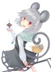  1girl animal_ears bishamonten&#039;s_pagoda blush capelet commentary_request dowsing_rod green_capelet grey_hair highres holding holding_with_tail jewelry komiru long_sleeves looking_at_viewer mouse_(animal) mouse_ears mouse_girl mouse_tail nazrin open_mouth pendant prehensile_tail red_eyes smile solo tail touhou 