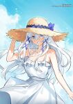  1girl absurdres bare_shoulders blue_eyes blue_sky breasts brown_hat cleavage cloud cloudy_sky commission dress grin hair_between_eyes hair_ornament hat highres long_hair looking_at_viewer maplesights medium_breasts mole mole_on_breast nijisanji nijisanji_en sky sleeveless sleeveless_dress smile solo sun_hat twitter_username victoria_brightshield virtual_youtuber white_dress white_hair x_hair_ornament 