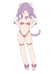  1girl alice_gear_aegis animal_ear_fluff animal_ears animal_hands bare_shoulders bikini blade_(galaxist) breasts cat_ears cat_girl cat_tail choker collarbone full_body gloves highres ichijou_ayaka kemonomimi_mode o-ring o-ring_bikini o-ring_bottom paw_gloves purple_eyes purple_hair red_bikini red_choker shoes simple_background skindentation small_breasts solo standing swimsuit tail thigh_strap twintails white_background white_footwear white_gloves 