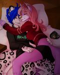  2017 anthro blue_hair canine clothed clothing duo eyes_closed feline female fur hair leopard mammal pink_fur pink_hair smile spots spotted_fur wolf wolflady 