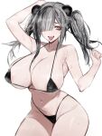  1girl absurdres alternate_costume animal_ears areola_slip arknights arm_up armpits asymmetrical_bangs bikini black_bikini black_hair breasts cleavage commentary cowboy_shot drooling feater_(arknights) grey_hair hair_over_one_eye highres large_breasts long_hair looking_at_viewer looking_to_the_side micro_bikini multicolored_hair navel open_mouth orange_eyes panda_ears panda_girl saliva sidelocks simple_background solo standing steaming_body streaked_hair string_bikini sweat swimsuit thick_eyebrows tongue tongue_out twintails two-tone_hair vxdrq white_background 