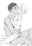  2boys anal bags_under_eyes blush censored closed_eyes completely_nude curly_hair dark-skinned_male dark_skin dungeon_meshi elf kabe_piko kabru kiss kissing_cheek male_focus mithrun monochrome multiple_boys multiple_scars nipples notched_ear nude one_eye_closed penis pointy_ears scar sex short_hair straddling sweat wavy_hair yaoi 