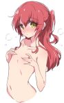 1girl blush bocchi_the_rock! covering_nipples covering_privates cropped_torso green_eyes highres kita_ikuyo long_hair looking_at_viewer mel_(melty_pot) navel nude one_side_up red_hair simple_background solo white_background 